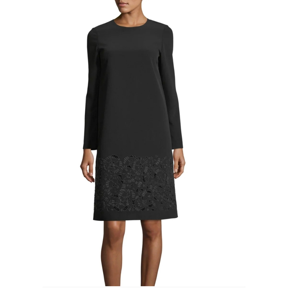 Lafayette New Long Sleeve Black Shift Dress SZ 12 Floral Hem